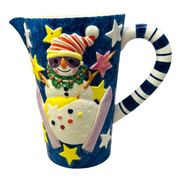 Epoch Mr. Snowman Pitcher 64 oz Skiing Snowman & Christmas Tree Design - Picture 1 of 9